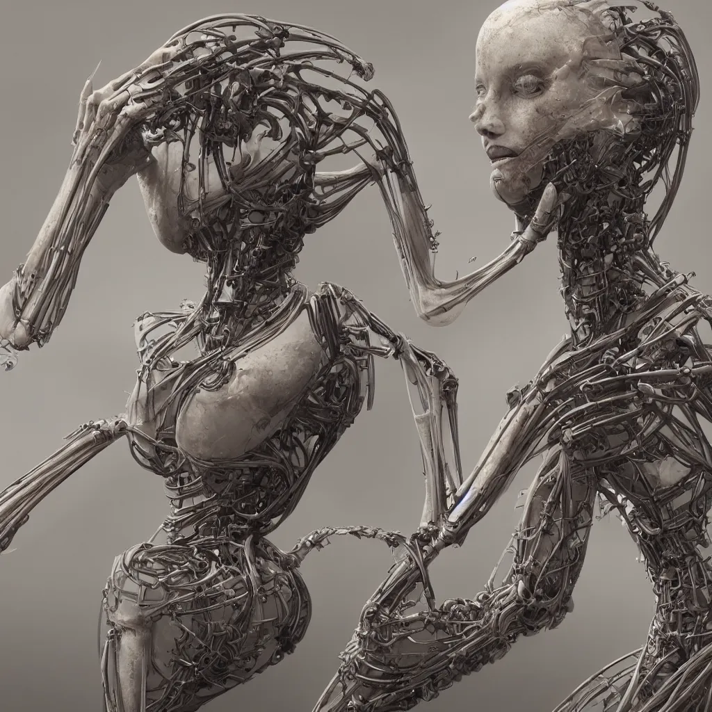Prompt: a beautiful female is infected with a biomechanical suit, octane render, hyper realistic, art by hr giger and zdzisław beksinski, full profile, multiple angles