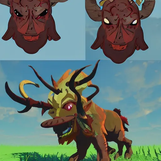 Image similar to A nightmare clown Minotaur, in the style of The Legend of Zelda: Breath of the Wild