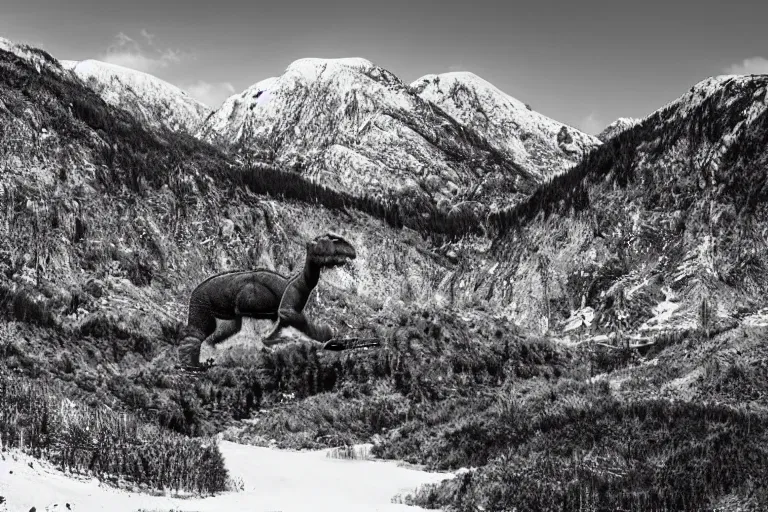 Image similar to tyrannosaurus rex large theropod dinosaur standing inside a valley, snowy peaks, in the style of ansel adams, black and white, old, master photography