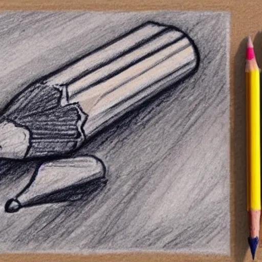 Image similar to crayon drawing of a pencil next to a pencil drawing of a crayon