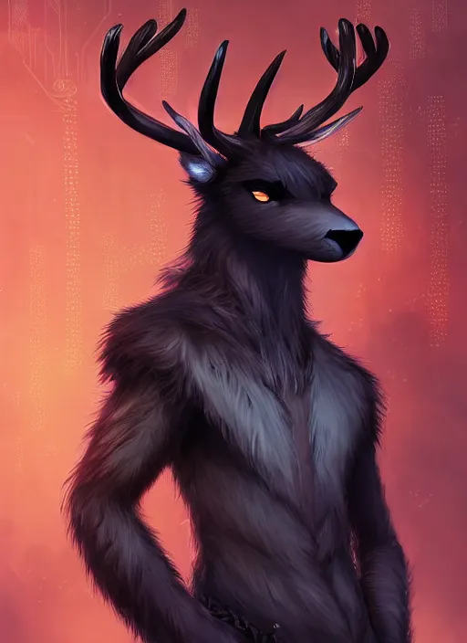 Image similar to award winning beautiful portrait commission of a male furry anthro Black Reindeer fursona with a tail, wings and a cute beautiful attractive detailed furry face wearing stylish black and orange cyberpunk clothes in a cyberpunk city at night while it rains. Character design by charlie bowater, ross tran, artgerm, and makoto shinkai, detailed, inked, western comic book art