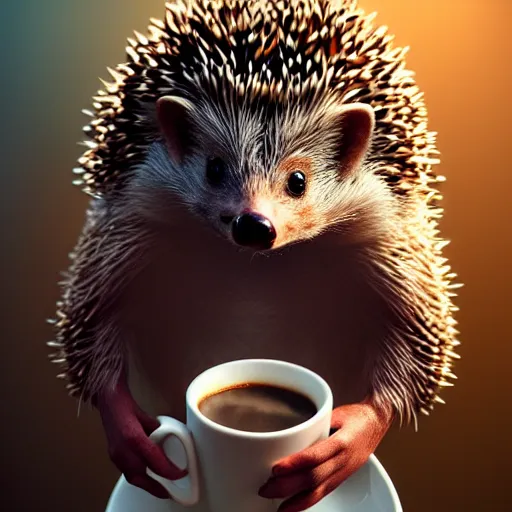 Prompt: hedgehog drinking coffee reading a paper, amazing, beautiful, perfect eyes, full body shot, portrait, vivid colors, elegant, concept art, sharp focus, digital art, Hyper-realistic, 4K, Unreal Engine, Highly Detailed, HD, Dramatic Lighting by Brom, trending on Artstation