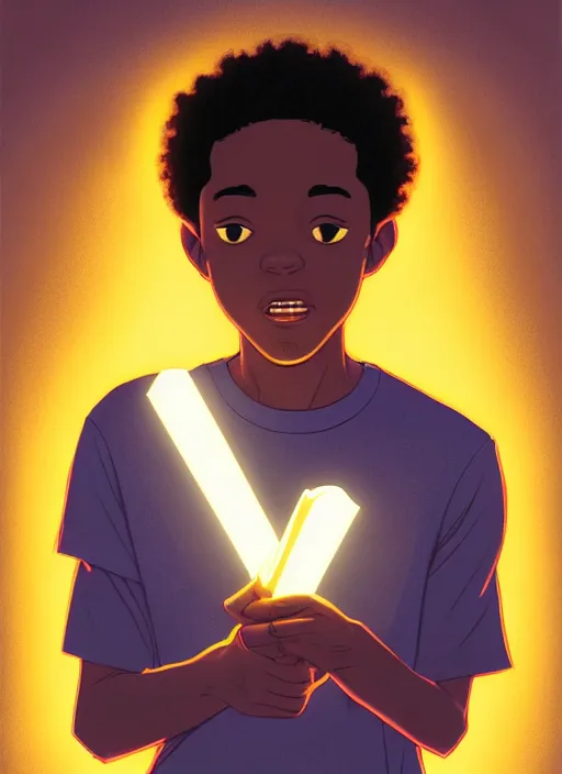 Image similar to portrait of chuck clayton, lightskin black teenage boy, very short curly hair, very short hair, short hair, strong jawline, square jaw, slight smile, reading archie comic, intricate, elegant, glowing lights, highly detailed, digital painting, artstation, concept art, smooth, sharp focus, illustration, art by wlop, mars ravelo and greg rutkowski