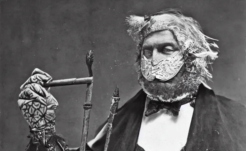 Image similar to a burly man in a gentleman's dress. he has long gray hair and a silver mask on his face. the mask has beautiful patterns. he wears white gloves and holds a walking stick inlaid with ruby.