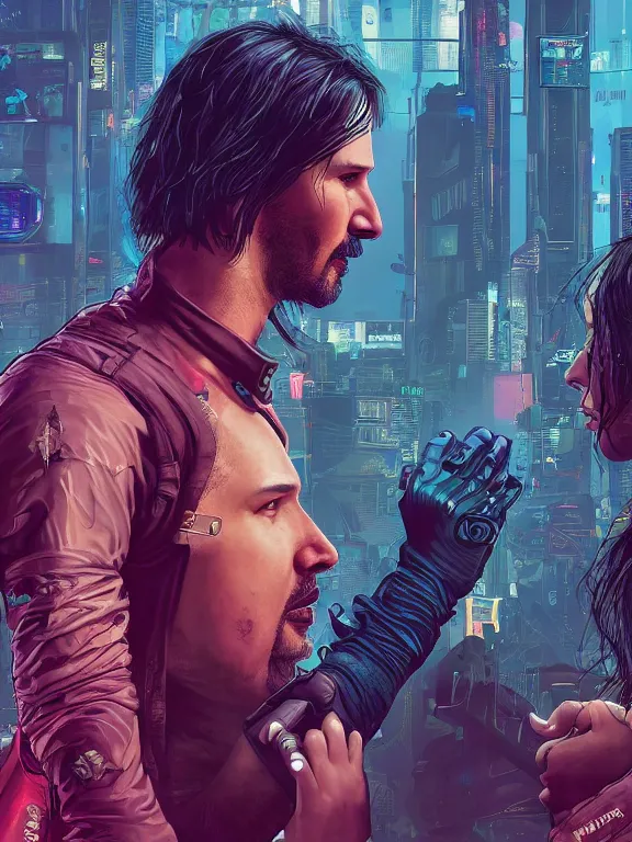 Image similar to a cyberpunk 2077 couple portrait of Keanu Reeves and V, ,love story,film lighting,by laurie greasley,Lawrence Alma-Tadema,William Morris,Dan Mumford,trending on atrstation,FAN ART,full of color,Digital painting,face enhance,highly detailed,8K, octane,golden ratio,cinematic lighting