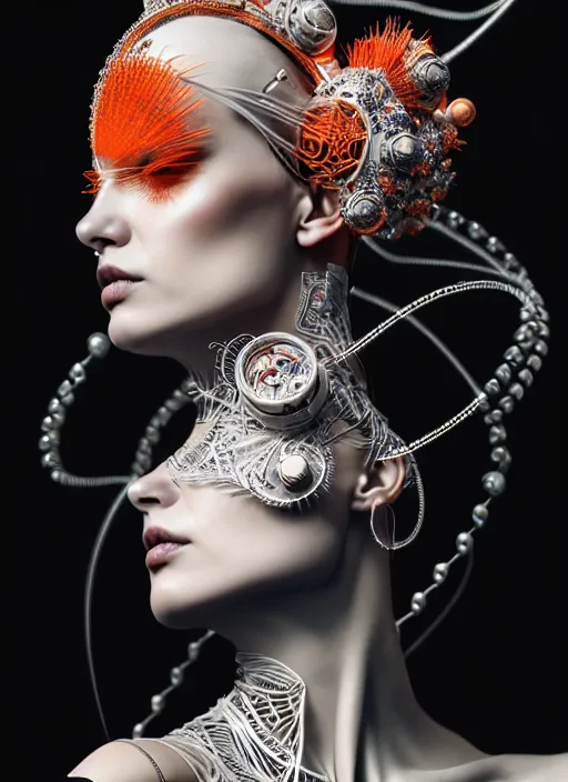 Image similar to absurdly beautiful, graceful, sophisticated, fashionable cyberpunk mechanoid carying perfume, by irakli nadar and alexandre ferra, intricate linework, white porcelain skin, faberge, coral headdress, unreal engine 5 highly rendered, global illumination, radiant light, detailed and intricate environment