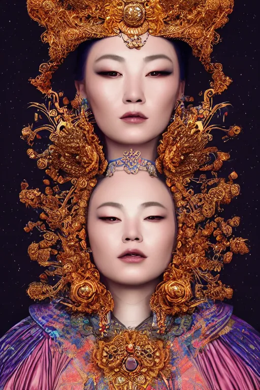 Image similar to a beautiful empress portrait, with a brilliant, impossible striking big cosmic headpiece, clothes entirely made out of cosmos, symmetrical, dramatic studio lighting, rococo, baroque, jewels, asian, hyperrealism, closeup, D&D, fantasy, intricate, elegant, highly detailed, digital painting, artstation, octane render, 8k, concept art, matte, sharp focus, illustration, art by Artgerm and Greg Rutkowski and Alphonse Mucha