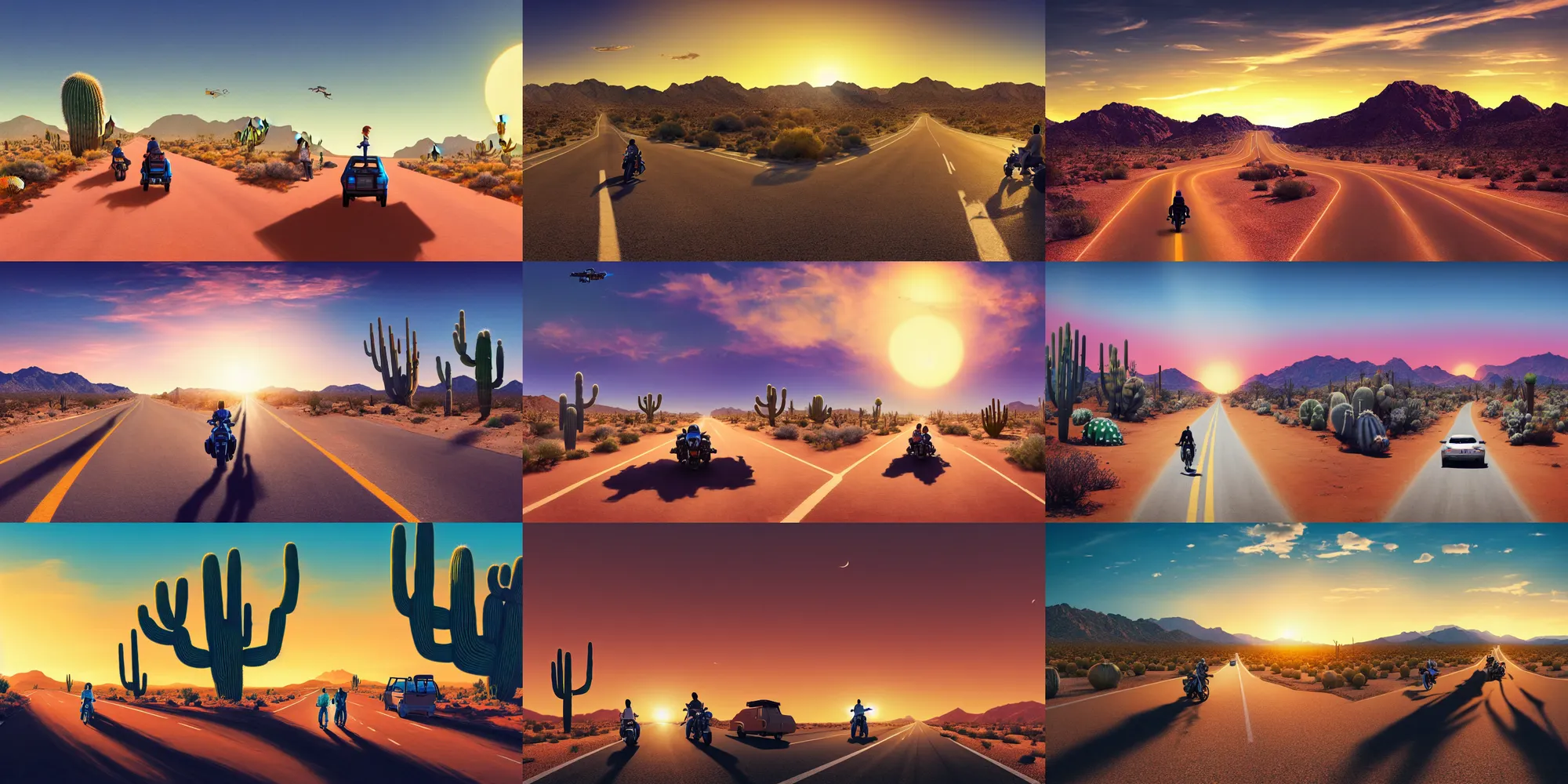 Prompt: road california desert, sunset, blue sky, cactus, high detailed, one motorbike in center of frame, drive out, couple of boy and girl riding, realistic photo, by inspired by greg rutkowski, android jones, beeple, rhads, shaun tan, frostbite 3 rendered, octan render, maya