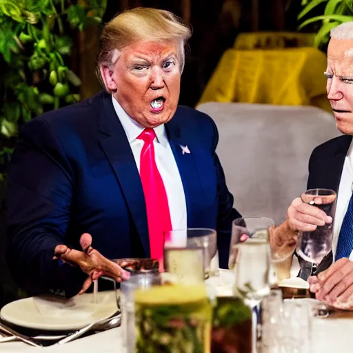 Image similar to Trump and Biden having dinner at a fancy Balinese restaurant, award winning photography, 85mm, perfect faces, zoom
