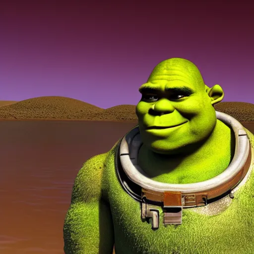 Prompt: nasa picture of Shrek on a lake on terraformed mars
