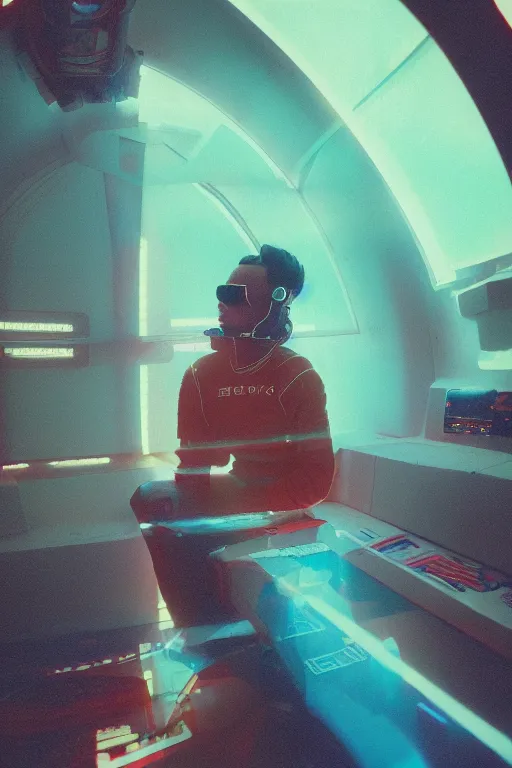 Image similar to agfa vista 4 0 0 photograph of a meso american guy on a spaceship, ancient yet futuristic, meso american aesthetic, aztec aesthetic, synth vibe, vaporwave colors, lens flare, moody lighting, moody vibe, telephoto, 9 0 s vibe, blurry background, grain, tranquil, calm, faded!,