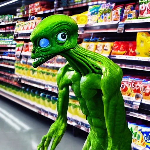 Image similar to mid shot of a green alien buying groceries at the store shot by amanda carlson and alex strelkovv, professional photo, masterpiece, very detailed, 4 k