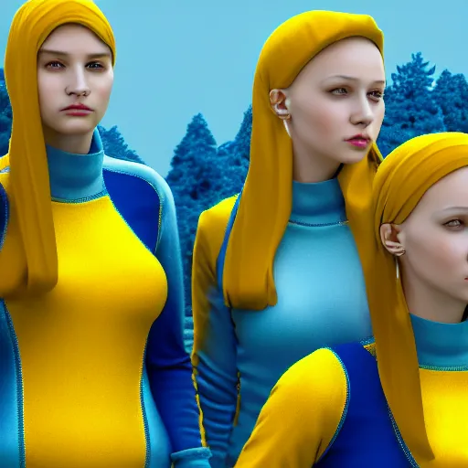 Image similar to group of ukrainian girls with blue and yellow clothes near big ruined burget, concept art, trending on artstation, highly detailed, intricate, sharp focus, digital art, 8 k