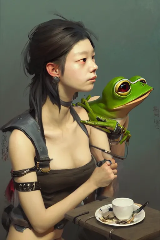 Image similar to portrait of a punk girl on a date with pepe! the frog! drinking coffee in the style of fenghua zhong and ruan jia and jeremy lipking and peter mohrbacher, extremely detailed digital painting, 8 k