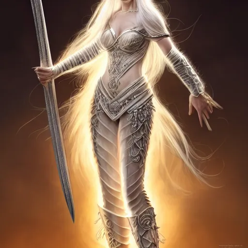 Image similar to full body painting of a woman with flowing luscious glowing white hair standing whilst holding a sword, wearing intricate plate - armor and leather underneath. intricate, elegant, highly detailed, digital painting, artstation, concept art, smooth, sharp focus, illustration, by terry wei, qiu fang, tooth wu, kan liu, siwoo kim, jisu choe