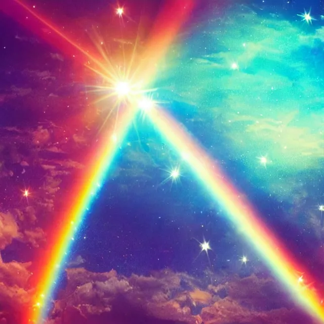 Prompt: glowing rainbow beam of light in space, vintage