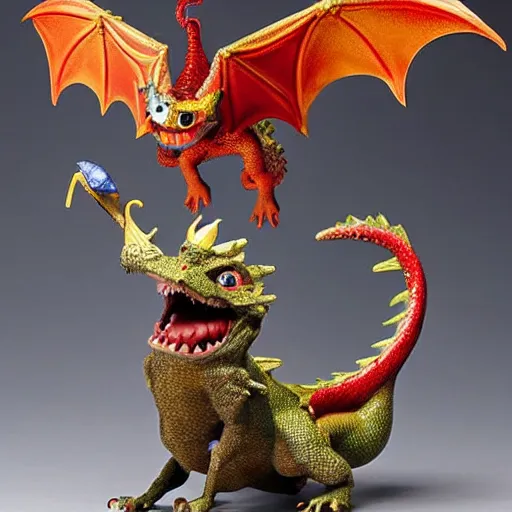 Prompt: the assemblage features a young boy disguised as a dragon. the boy is shown wearing a costume with dragon - like features, including a long tail, wings, and horns. he has a large grin on his face, suggesting that he is enjoying his disguise. pixar's'up ', crystal figure by akihiko yoshida, by chesley bonestell peaceful