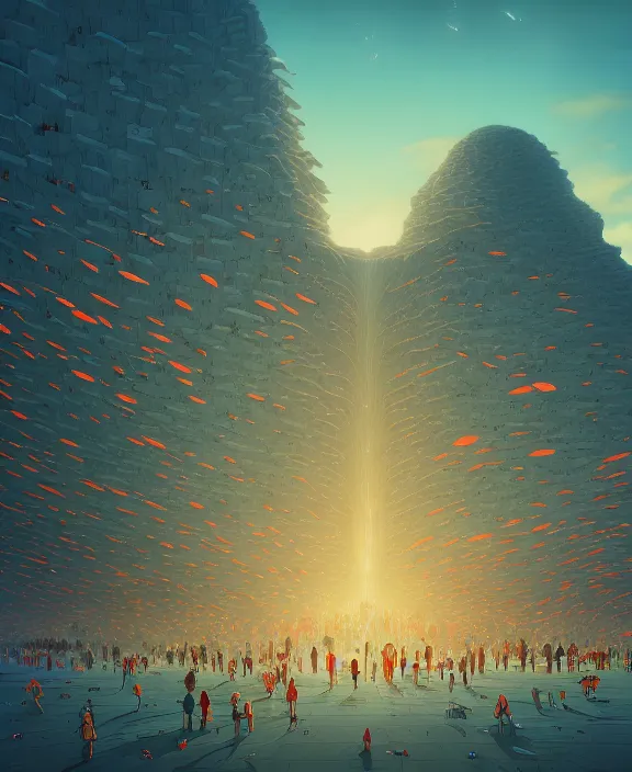 Image similar to minimalist building made from exotic fungus, crowds of people, by dan mumford, yusuke murata, makoto shinkai, ross tran, cosmic, hellish, god rays, cinematic, unreal engine, cel shaded, featured on artstation, pixiv