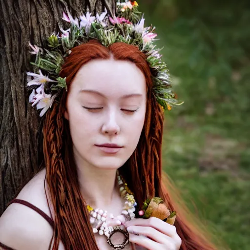 Prompt: dslr photo of a beautiful two thousand year old woman with chestnut colored hair sitting on a bench wearing a flower skirt, and body and wearing hemp sandals and a very detailed faerie necklace around neck, artgerm, artstation, very high quality face, extremely high quality, moody lighting, real camera, real photo, photography by deviantart, 8 k, full subject in shot