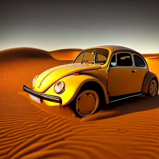 Prompt: a volkswagen beetle in the middle of the saharan desert, spinning it's tires in the sand, hdr, golden hour, atmospheric