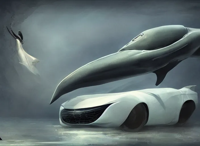 Image similar to beautiful concept design of a car that looks almost like a fish, a shark or a whale. car design by cory loftis, fenghua zhong, ryohei hase, ismail inceoglu, ruan jia, henrik fisker, bruce kaiser, scott robertson, dmitry mazurkevich, doruk erdem, and jon sibal. volumetric light