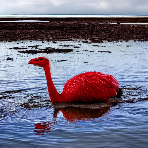 Image similar to a picture of a red ostrich bathing in shallow water with a rainbow in the background