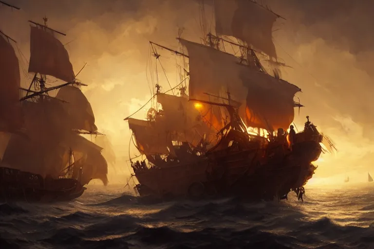 Prompt: a pirate ship, low angle, cine atic, golden hour, greg rutkowski, artstation hd, mist