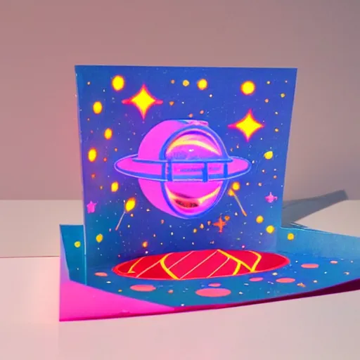 Prompt: Liminal space in outer space (((Googie Kitsch aesthetic colorful isometric with neon lights))) Pop-up book!!!!