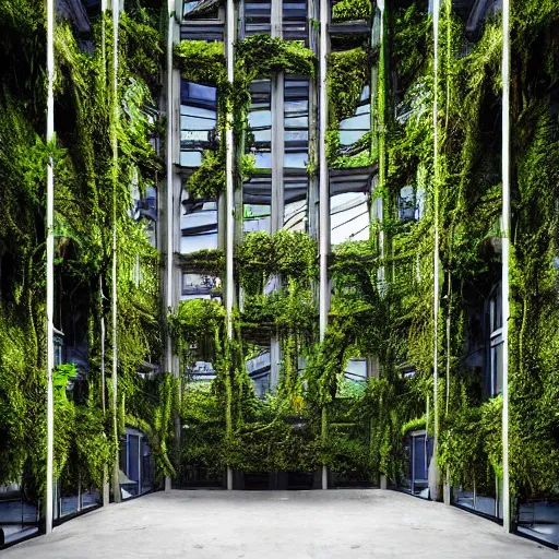 Image similar to “derelict architecture single building , the windows are covered in moss with growing vines, building designed by architect Zaha Hadid, architecture digest, building surrounded in a luxury environment, bright tones, fluorescent lighting,volumetric Lighting, photorealism, high detail, golden ratio, cinematic, octane renderer”