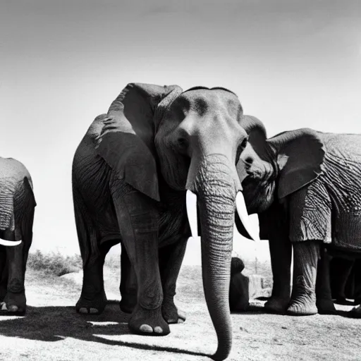 Image similar to cinematic film still of 80 year old Mediterranean skinned man in ancient Canaanite clothing stands next to a pair of elephants. Storm clouds. directed by Steven Spielberg