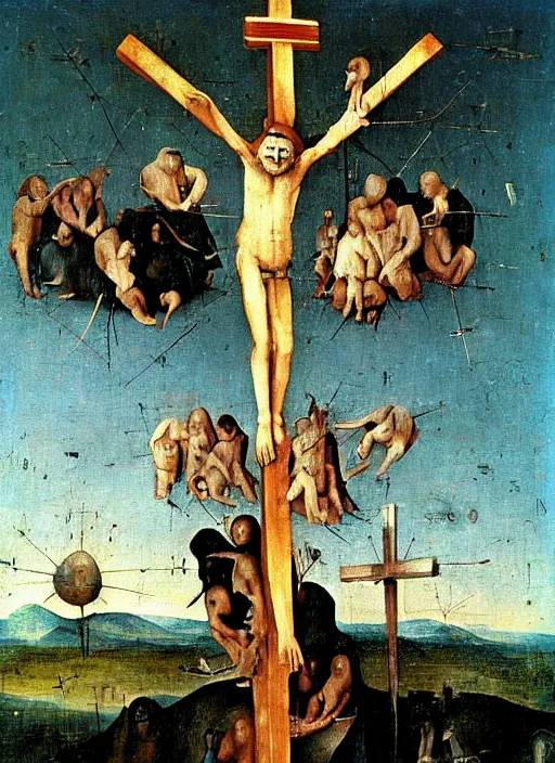 Image similar to Bored Ape nailed to the Cross by Hieronymus Bosch, day time sky, surreal oil painting, highly detailed, dream like, masterpiece