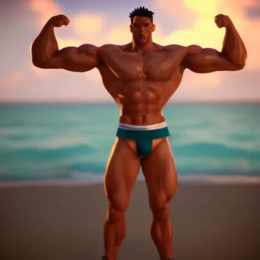 Image similar to Muscular Handsome Anime man on the beach in his boxers, cinematic lightning, medium shot, mid-shot, highly detailed, trending on artstation, Unreal Engine 4k,