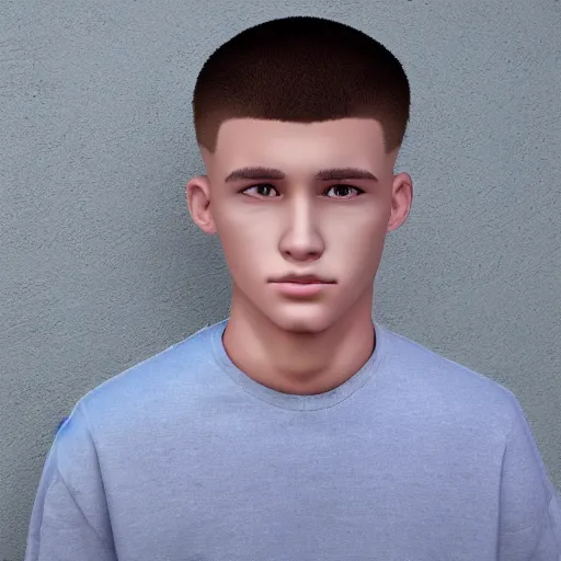 Image similar to attractive male teenager buzz cut hunter eyes high - quality highly detailed photo realistic 8 k