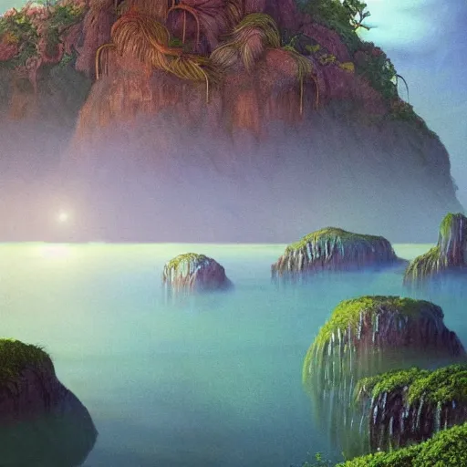 Prompt: artistic digital artwork of a lush natural scene on an alien planet. beautiful landscape by vincent bons, michael whelan and remedios varo. weird vegetation. cliffs and water. grainy and rough. interesting pastel colour palette. beautiful light. oil and water colour based on high quality render.