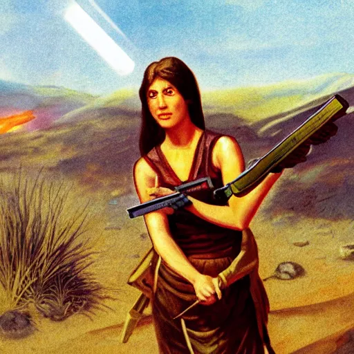 Image similar to photograph of a neolithic person holding a plasma rifle