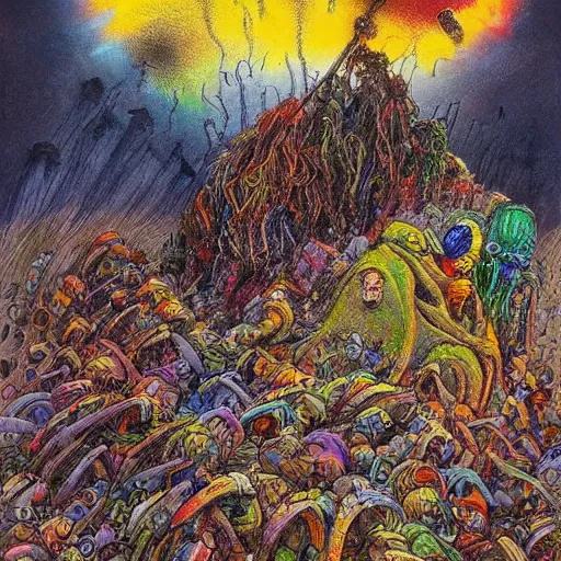 Prompt: crayon art by david wiesner beautiful, chaotic. a beautiful drawing of a battle scene from the lord of the rings.