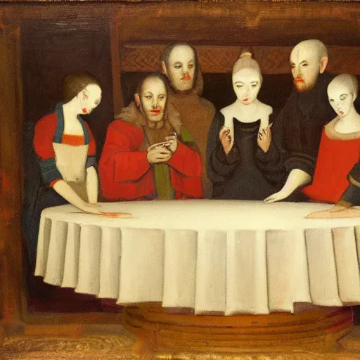 Prompt: A beautiful painting of a group of people standing around a circular table. In the center of the table is a large, open book. The people in the painting are looking at the book with interest and appear to be discussing its contents. oil and canvas, cyberpunk, avant garde by Jean Fouquet 8k