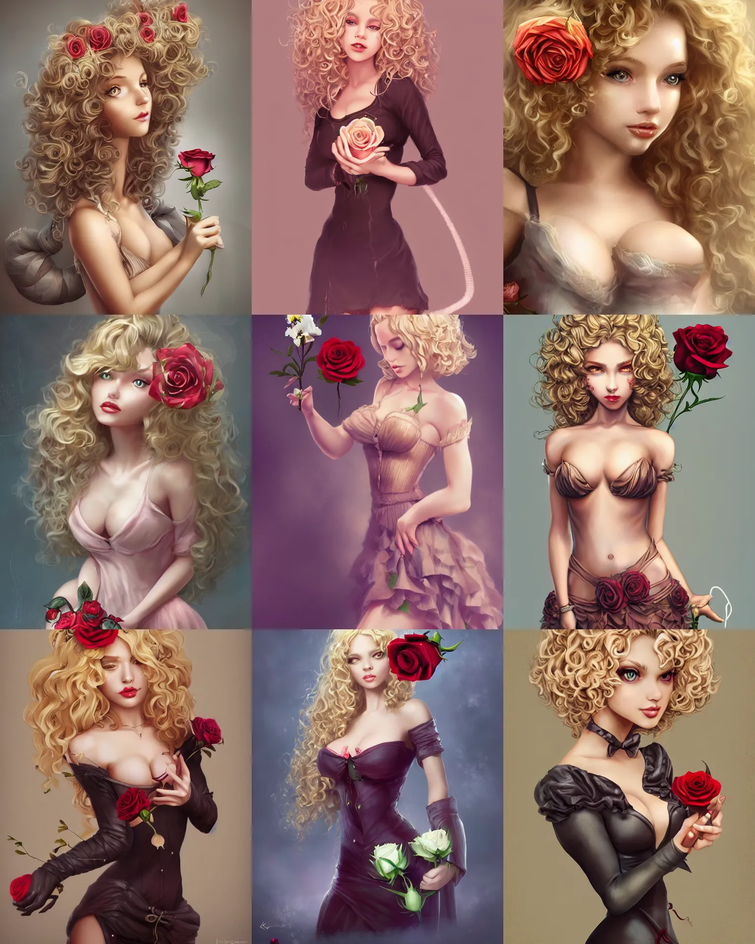 Prompt: beautiful mouse - girl, blonde curly hair, holding a rose, dark fantasy, feminine figure, gorgeous, pretty face, beautiful body, revealing outfit, high detail, tempting, realistic, cgsociety, kezie demessance, trending on artstation