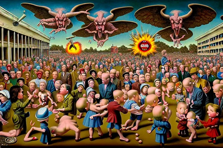 Image similar to a sparsely populated strange battle in an old hospital between old people and babies Robert Williams Mark Ryden and Alex Gross, Todd Schorr highly detailed deep perspective perfect composition