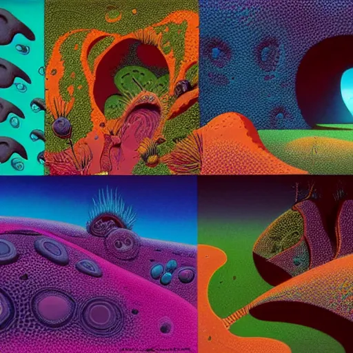 Image similar to striking colours vivid gaps holes neonothopanus creatures landscape art by roger dean, valley jagged arches, reflections, art by michael whelan, liquidart organic textures, seedpods, art by kilian eng, moebius artwork, futuristic by roger dean hires 8 k detailed natural textures