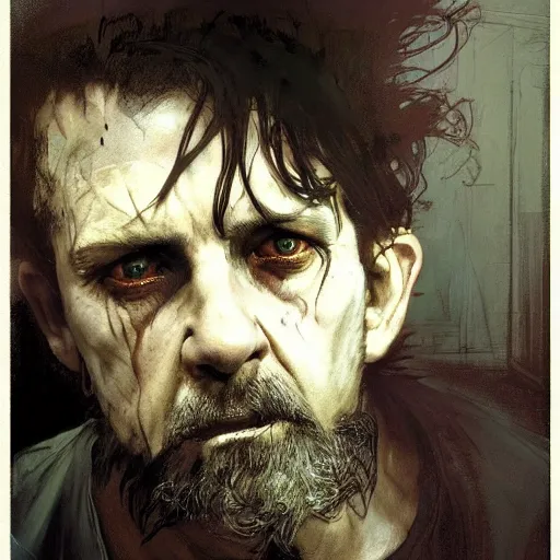 Prompt: hyperrealist portrait of a scary homeless man with frightened eyes in a dirty prison cell by jeremy mann and alphonse mucha and alan lee, fantasy art, photo realistic, dynamic lighting, artstation, poster, volumetric lighting, very detailed faces, award winning, full face, symmetry