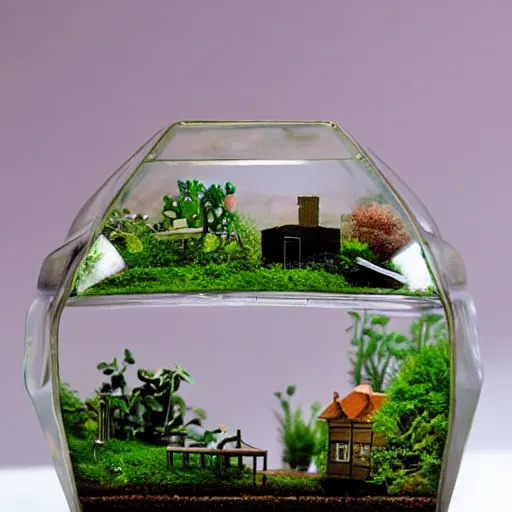 Prompt: a terrarium with sizewell b nuclear power plant diorama inside on top of a minimalist table, lit from the side