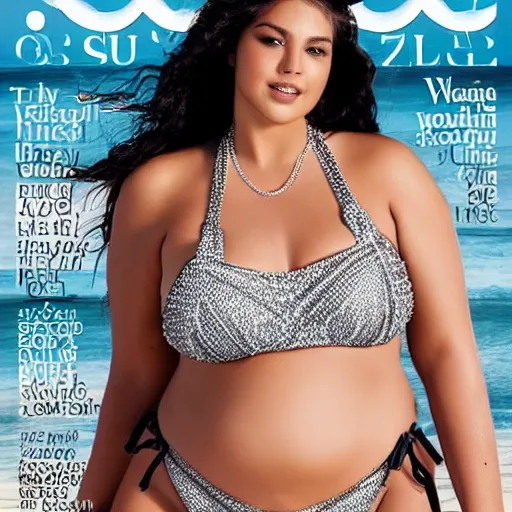 Prompt: a beautiful woman posing for a magazine wearing a bikini made up of diamonds. The photo conveys the message of feminine body positivity