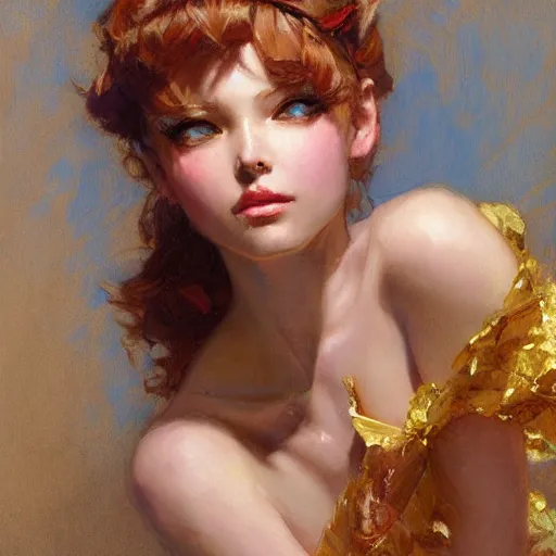 Image similar to a high fashion studio portrait of a cute anime girl, painting by gaston bussiere, craig mullins, j. c. leyendecker