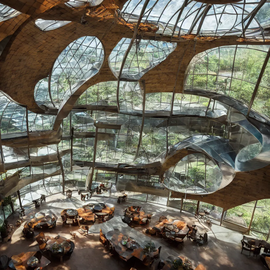 Prompt: inside luxurious earthship with futuristic sunken lounge and indoor garden with circular skylights, dining hall and recreation space, XF IQ4, 150MP, 50mm, F1.4, ISO 200, 1/160s, dawn