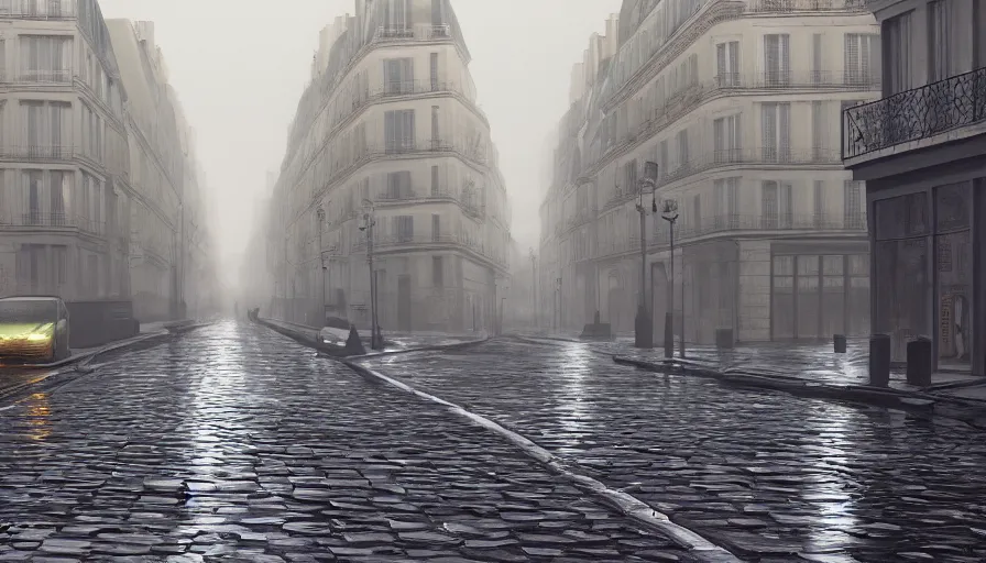 Image similar to empty paris streets, rainy morning, wet dirty streets, hyperdetailed, artstation, cgsociety, 8 k