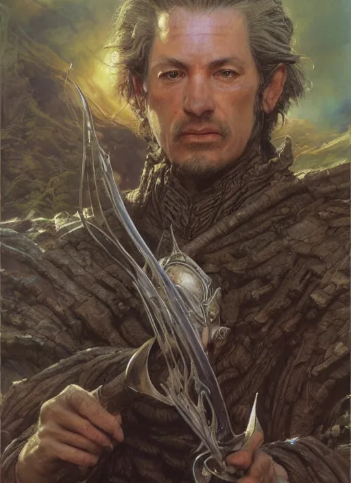 Image similar to a hyperrealistic and detailed paintbrush portrait of a male fantasy character, art by donato giancola and bayard wu and gustav moreau and wayne barlowe, rpg portrait, lotr