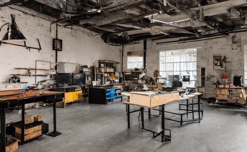 Image similar to an old warehouse that is turned into a workshop with a staple of vintage televisions