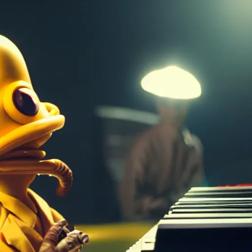 Image similar to cinematic film still of Pharrell Williams Making A Beat with an anthropomorphic alien, Japanese VFX, 2018, 400mm lens, f1.8, shallow depth of field,film photography