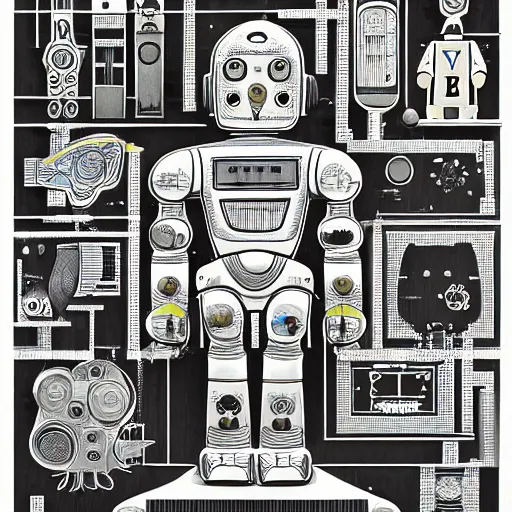 Image similar to a diagram of a robot body with various parts, cyberpunk art by eduardo paolozzi, behance contest winner, computer art, greeble, steampunk, poster art, james turrell, post it note art, optical illusion art, joseph stella, andy warhol, venus of willendorf, vintage robot, robot illustration